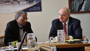 IU President Michael A. McRobbie, right, and University of the Western Cape President Ramesh Bharuthram discuss possible collaborations between their universities.