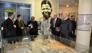 The IU delegation looks at a model of Robben Island at the University of the Western Cape-Robben Island Mayibuye Archives. The archives contain many records that document the apartheid period, the freedom struggle, and political imprisonment in South Africa.