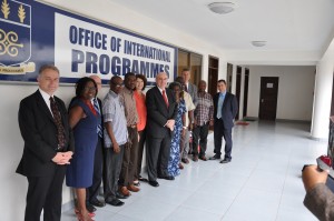 The IU delegation poses with University of Ghana faculty members who were once the beneficiaries of IU scholarships to study in Bloomington.