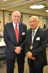 IU President McRobbie and newly awarded Thomas Hart Benton Medallion honoree Tsuyoshi Tsutsumi.