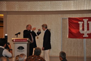 IU President McRobbie presents the Thomas Hart Benton Medallion to Ambassador David Carden.