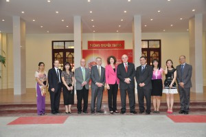 Members of the IU delegation pose for a picture with several of their hosts from Vietnam's National Academy of Public Administration.