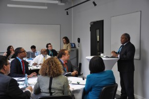 Martin McCrory, IU associate vice president for diversity, equity and multicultural affairs, speaks in Berlin at a summit meeting on increasing study abroad opportunities for minority and low-income students.  