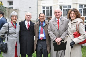 President McRobbie and members of the IU delegation meet up with an old friend at the Global Institute grand opening, former dean of the College of Arts and Sciences at IU Bloomington Kumble Subbaswamy.