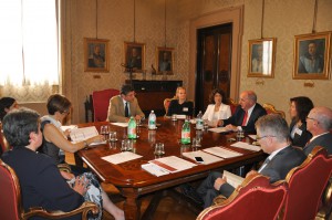 IU delegation members meet with University of Bologna President Francesco Ubertini, seated fourth from left. 