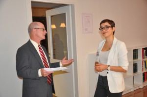 IU Vice President for International Affairs chats with IU student Francisca Figueroa, who is participating in the study abroad program in Bologna.