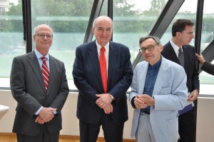 From L-R: IU Vice President for International Affairs David Zaret, President McRobbie and Marian Turski, chairman of the POLIN Museum Council. Turksi is a survivor of the Auschwitz concentration camp who went on to a distinguished career in Poland as a journalist and Jewish activist.