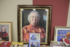 Framed photos and other items related to the life and work of the late IU Nobel Laureate Elinor "Lin" Ostrom.