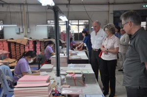 IU President McRobbie, Idie Kesner, dean of the IU Kelley School of Business,  and Associate Vice President for International Partnerships Shawn Reynolds tour the mulberry paper factory in Doi Tung.